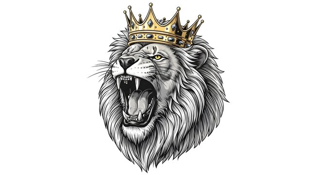 Majestic roaring lion wearing a golden crown, symbolizing power, royalty, leadership, and dominance in a detailed black and white illustration with regal elegance.
