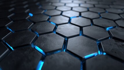 Obraz premium Metallic hexagonal pattern with blue glow. AI image