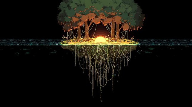 Floating Island with Dense Green Trees and Roots Surrounded by Water at Sunset