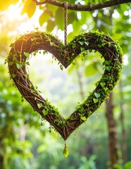 Obraz premium A vibrant heart-shaped wreath, adorned with colorful flowers and greenery, gracefully hangs from the branches of tall trees, swaying gently in the breeze.