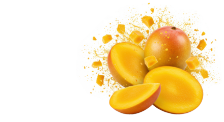 Ripe alphonso mangoes and pulp fragments suspended mid-air, glistening, exploding outward on a shadowless high-key white background, negative space for text, concept for fruit advertising