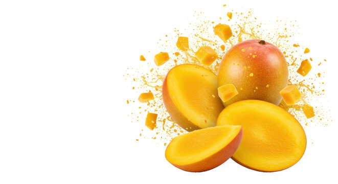 Ripe alphonso mangoes and pulp fragments suspended mid-air, glistening, exploding outward on a shadowless high-key white background, negative space for text, concept for fruit advertising