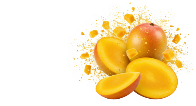 Ripe alphonso mangoes and pulp fragments suspended mid-air, glistening, exploding outward on a shadowless high-key white background, negative space for text, concept for fruit advertising