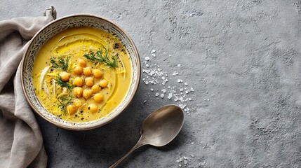 Minimalist chickpea soup bowl with lemon zest and herbs on gray concrete surface, elegant flat lay ideal for healthy food blogs and modern recipe compositions.