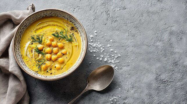 Minimalist chickpea soup bowl with lemon zest and herbs on gray concrete surface, elegant flat lay ideal for healthy food blogs and modern recipe compositions.