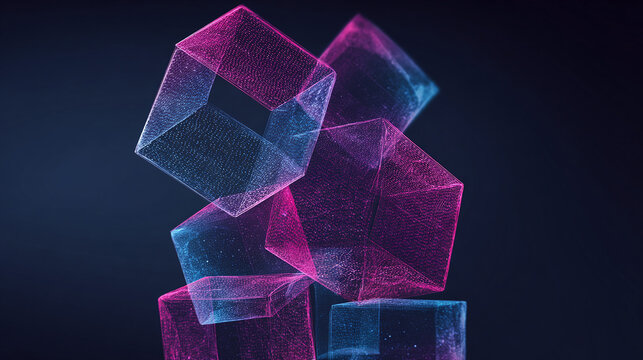 Abstract digital cubes glowing in vibrant shades of pink and blue
