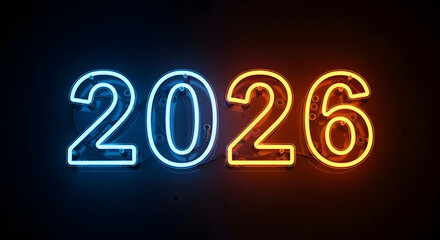 Bright neon sign displaying the year 2026 in blue and orange colors