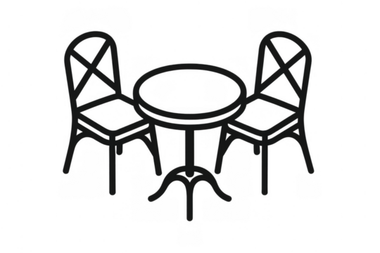 Cafe furniture set featuring a round table and two chairs in a simple line art style. Isolated vector element