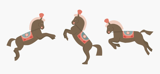 Poster with an illustration of cartoon horses. Children illustration of mare. Hand drawn vector card. Colorful illustration. Cartoon style, flat design