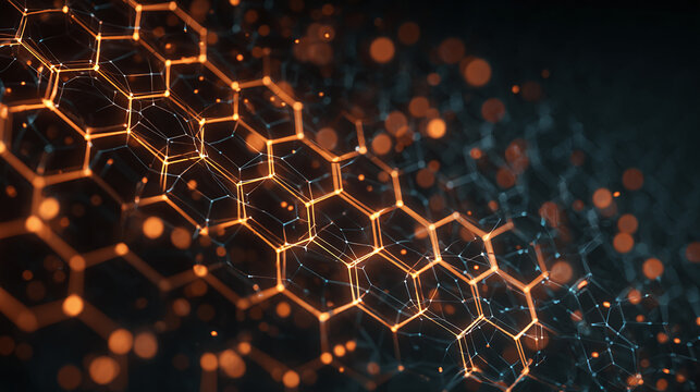 Abstract honeycomb pattern with glowing orange highlights on a dark background. The pattern suggests complex connections and network