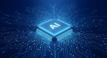 Glowing artificial intelligence chip at the center of a digital circuit board with intricate blue illuminated pathways and connections