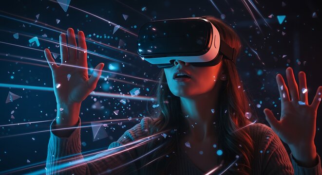 A woman wearing a virtual reality headset is surrounded by a dazzling array of digital lights and geometric particles in a dark, futuristic setting