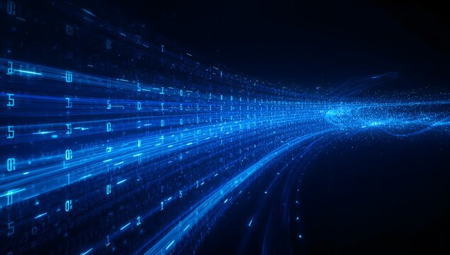 digital data streams rushing across a dark background, representing the flow of information and technology. The streams are rendered in glowing blue, with binary code - Powered by Adobe