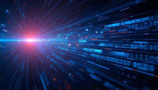 digital information traveling through cyberspace in an illustration with a bright light in the middle