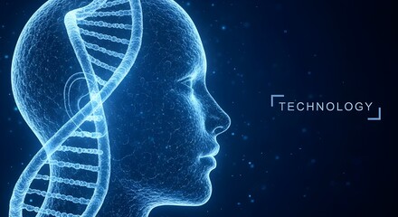 Futuristic blue glowing human head profile merged with a dna double helix symbolizing biotechnology and advanced science