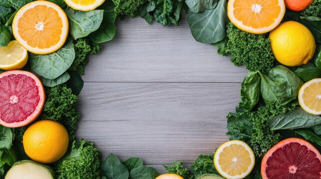Circular arrangement of various leafy greens and citrus fruits in a flowing pattern symbolizing the concept of healthy metabolism and balanced nutrition  This image represents a healthy natural