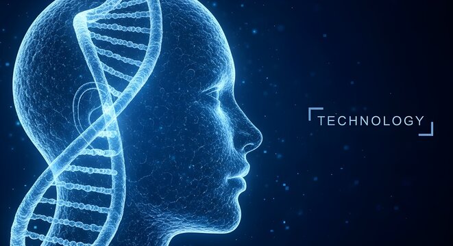 Futuristic blue glowing human head profile merged with a dna double helix symbolizing biotechnology and advanced science