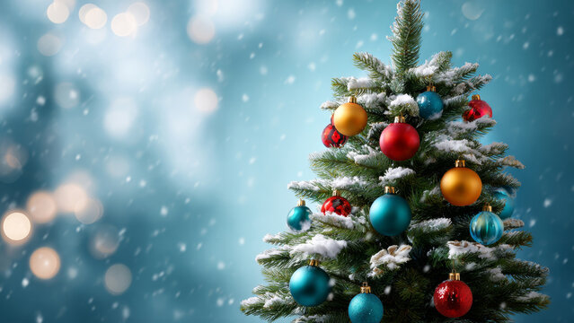 Decorated Christmas tree with colorful ornaments under falling snow. Festive winter holiday background with bokeh lights for greeting card.