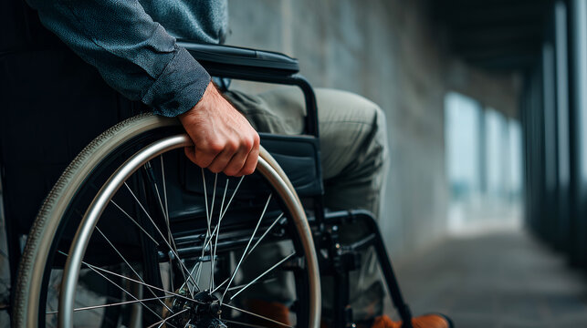 Close-Up of Person’s Hand on Wheelchair Rim, Concept of Independence, Mobility, and Accessibility, Modern Representation of Disability Confidence and Inclusive Design - Powered by Adobe