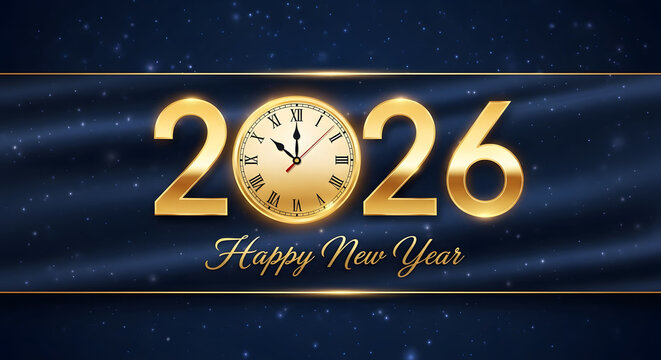 Golden 2026 numbers with a clock face and happy new year text on a dark blue background