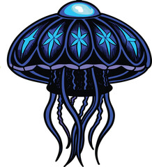 Abstract 3D render of a human brain and UFO in the night with mushroom and leaf vector illustration of an autumn fungus in the forest