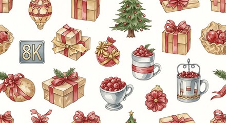 Happy New Year 2026 celebration festive gift card and food pattern background 