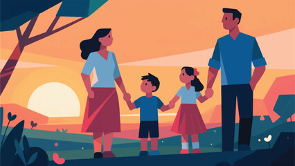 Illustration Of A Family With Two Children Walking In The Park Vector Design Template