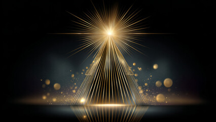 Abstract golden Christmas tree made of light rays with festive bokeh. Elegant holiday background for New Year celebration and winter events.