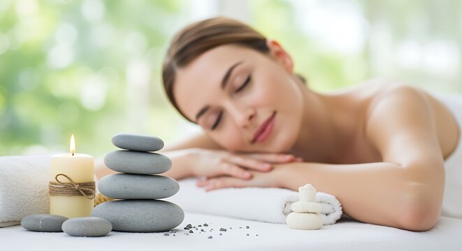 Woman Relaxing During Hot Stone Massage with Candle and Stacked Stones Keywords: woman, relaxing, spa, massage, hot stone massage, wellness, beauty - Powered by Adobe