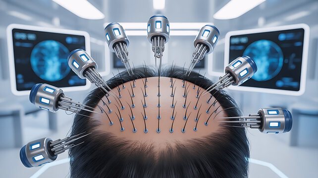 Futuristic hair restoration concept showing nanobot assisted follicle implantation technology representing advanced biotechnology innovation and next generation medical treatment concept design