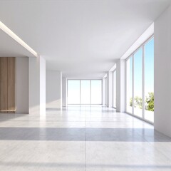 Obraz premium A spacious, bright white room featuring large windows that allow natural light to flood in, complemented by a sleek, polished white floor.