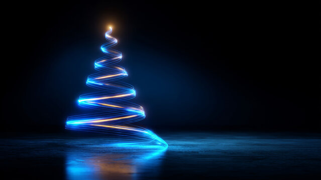 Modern abstract Christmas tree shining with blue and orange neon light, digital festive decoration and futuristic holiday concept.