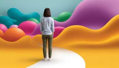 Woman standing on path leading to colorful abstract landscape. Choice, future, and imagination concept. Visual for new opportunities.