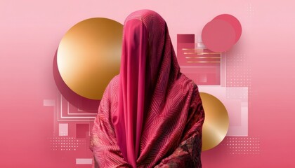 Anonymous abstract woman figure in a pink draped fabric on a vibrant pink background. Mysterious identity concept, hidden truth.