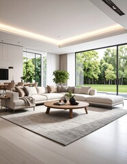 Fototapeta premium A bright living room featuring expansive floor-to-ceiling windows that flood the space with natural light, complemented by elegant white furniture and cozy decor.