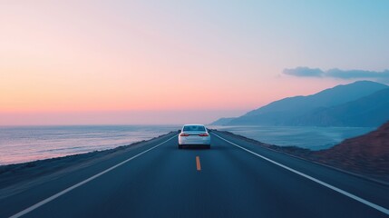 Serene Coastal Sunset Drive on Open Highway A scenic and tranquil automotive journey along a winding coastal road at dusk with the ocean and mountains providing a breathtaking backdrop