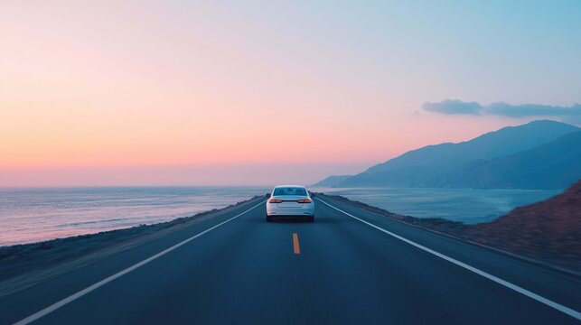 Serene Coastal Sunset Drive on Open Highway   A scenic and tranquil automotive journey along a winding coastal road at dusk with the ocean and mountains providing a breathtaking backdrop