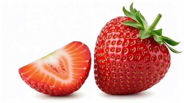 This vibrant close-up captures a perfectly ripe, whole red strawberry alongside a neatly sliced half, both presented against a crisp white background. The rich, ruby red color of the fruit contrasts b