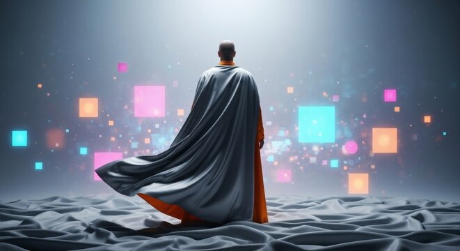 Man with a cape standing on flowing fabric looking at a futuristic digital landscape with glowing squares. Metaverse exploration and innovation vision.