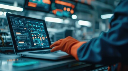 Closeup of a professional mechanic diagnosing a car problem using a laptop computer for vehicle maintenance and repair work in an automotive workshop or service center