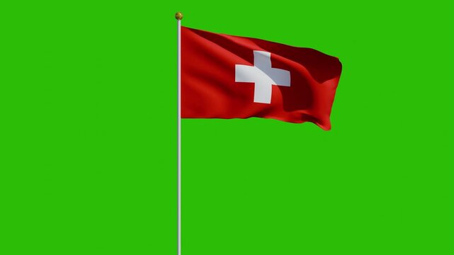 Switzerland flag animation with green screen background 4k waving flag cloth footage	with a pole 
