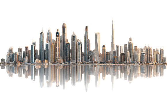 Cityscape Skyline with Reflections on Transparent Background Golden Hour Lighting in Dubai United Arab Emirates Modern Architecture and Urban Panorama, PNG