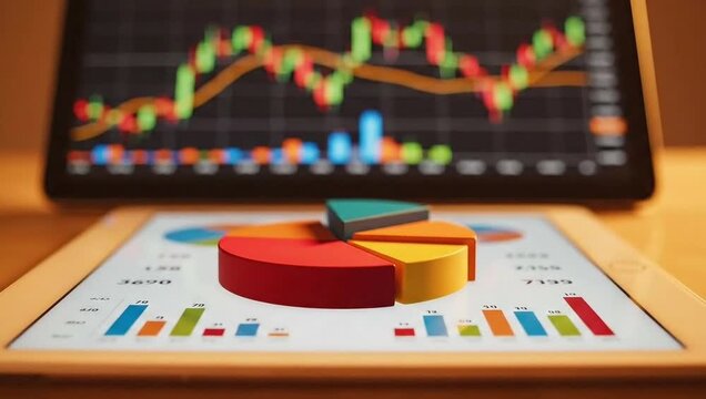 3d pie chart and stock market graph on a digital screen, representing financial data and analysis - Powered by Adobe