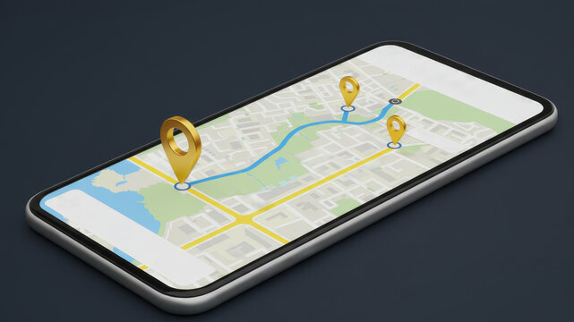 Mobile phone displaying a map navigation application with location pins and a route. GPS tracking concept for travel and delivery service.
