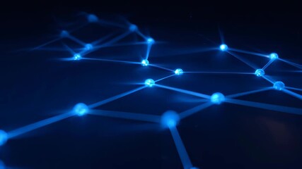 Blue network of glowing nodes and connected lines moving across a dark background for modern technology concept
