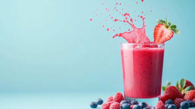 Vibrant splash of red berry juice in a glass surrounded by fresh juicy strawberries raspberries and blueberries  Healthy nutritious and refreshing summer drink or smoothie ingredient