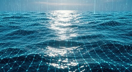 Digital Ocean: Abstract Blue Waves with Data Stream and Sunlit Reflections