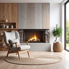 A cozy living room featuring rich wood-paneled walls, a charming stone fireplace, plush furniture, and warm lighting, creating an inviting atmosphere.