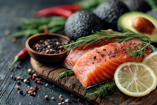 Salmon fillets on wooden board with avocado, lemon slices, chili pepper, rosemary sprigs, and bowl of peppercorns, food photography