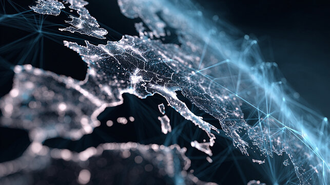 An illuminated global network of interconnected lines on a world map, representing the world map - Powered by Adobe